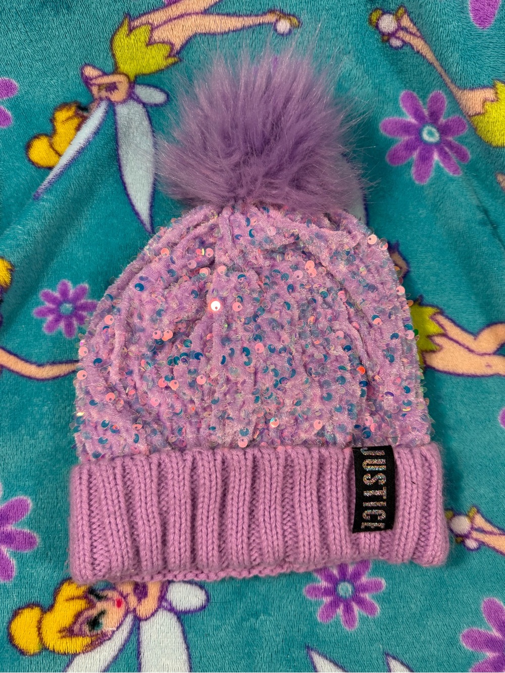 Justice Purple Glitter Pom Pom Beanie Tween Nostalgia Fairycore Hat